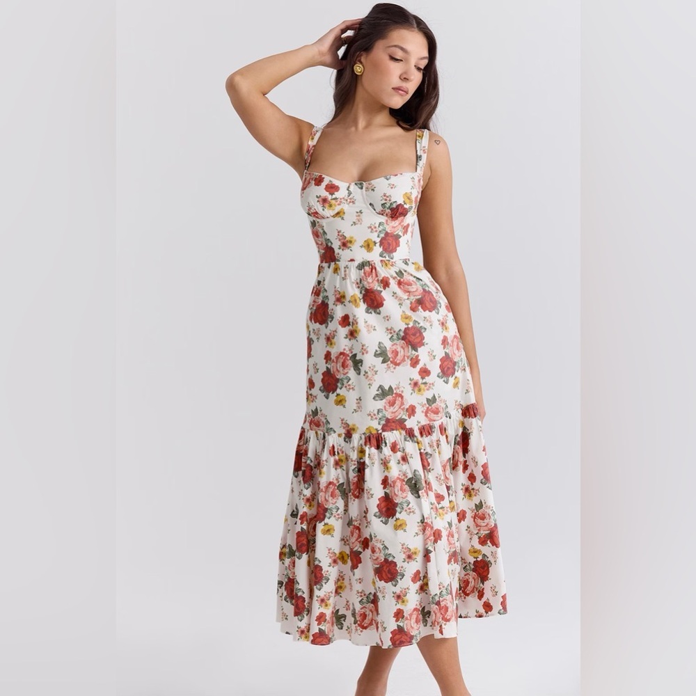 House of CB Elia Italian Rose Print Cotton Midi Sundress Plus cup - Picture 3 of 7